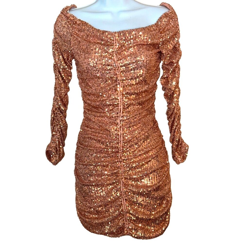 Zara Sequin Bodycon Dress Mini Size XS Rose Gold Bling